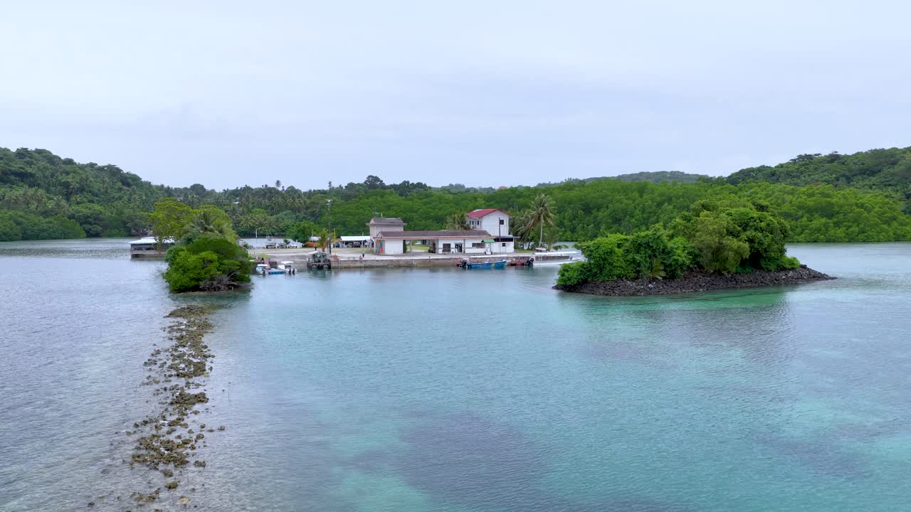 Vista aerea di un pontile su un'isola tropicale con barche e acqua turchese cristallina.