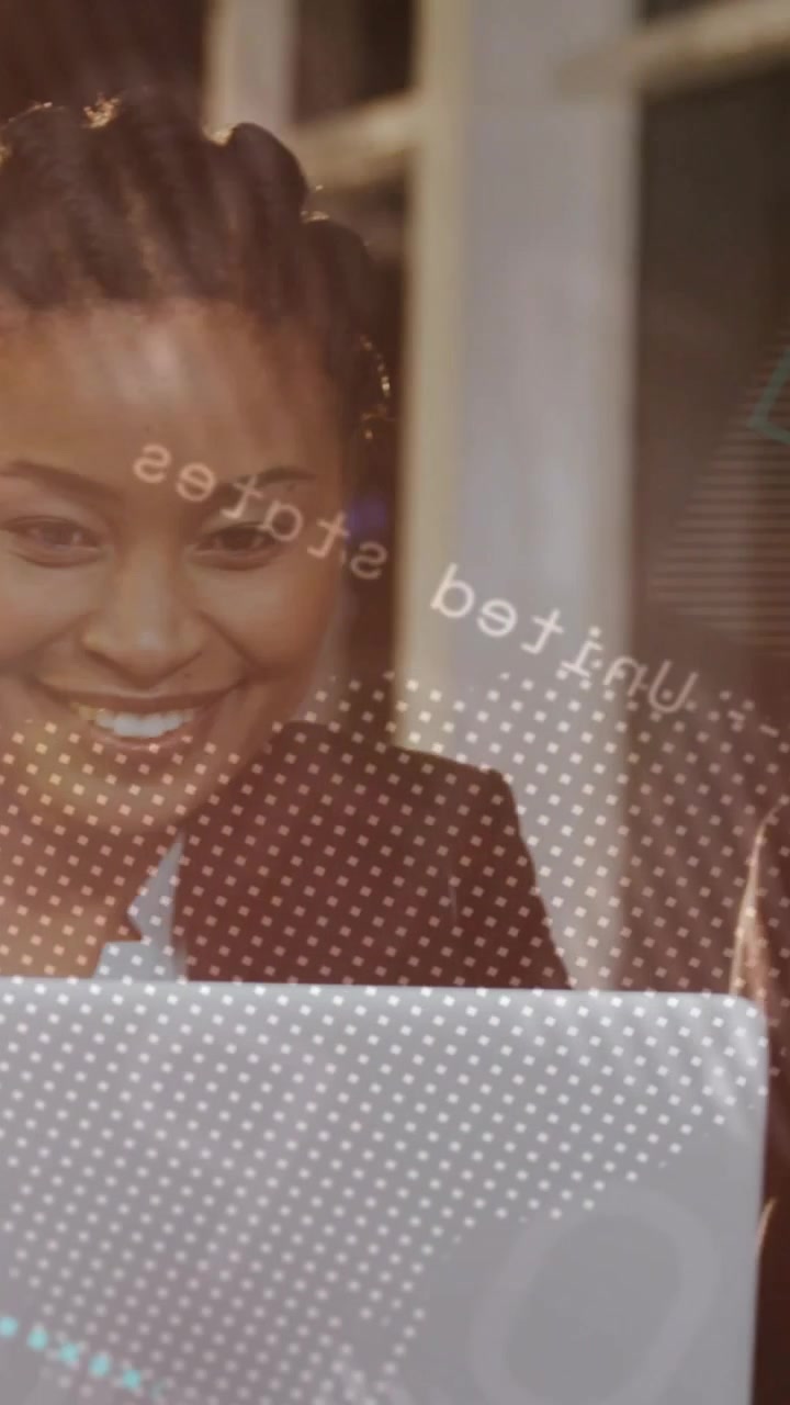 Vertical video: Woman viewing dotted UI prompt while man joining, gesturing at laptop for business