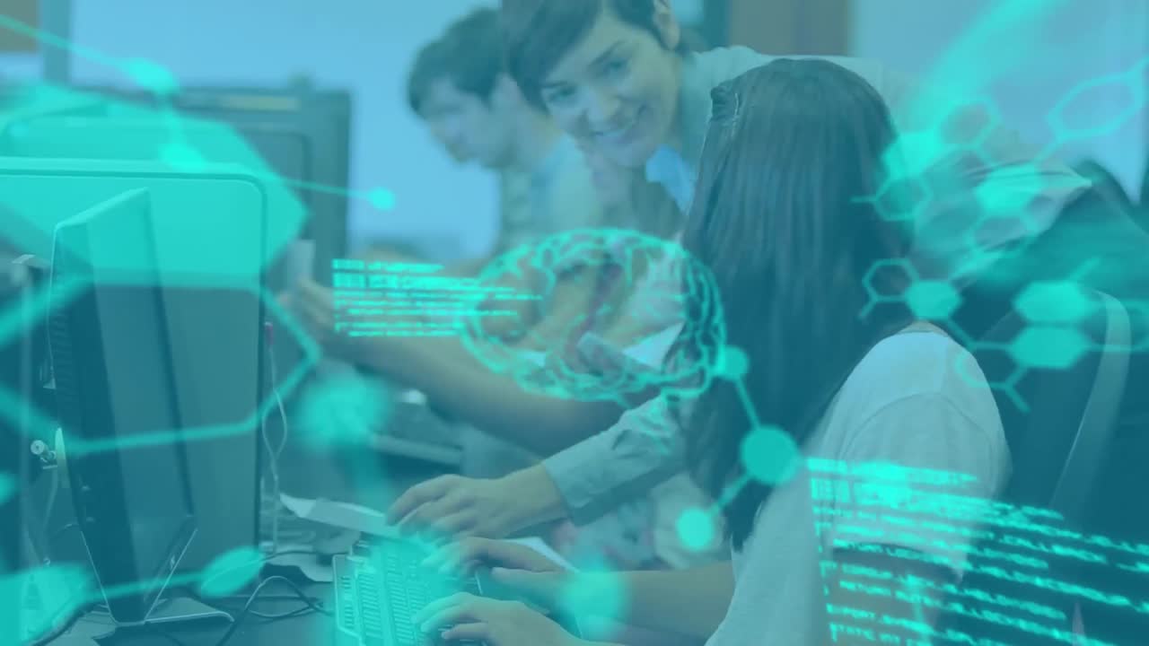 animación del procesamiento de datos en un grupo de estudiantes que utilizan computadoras