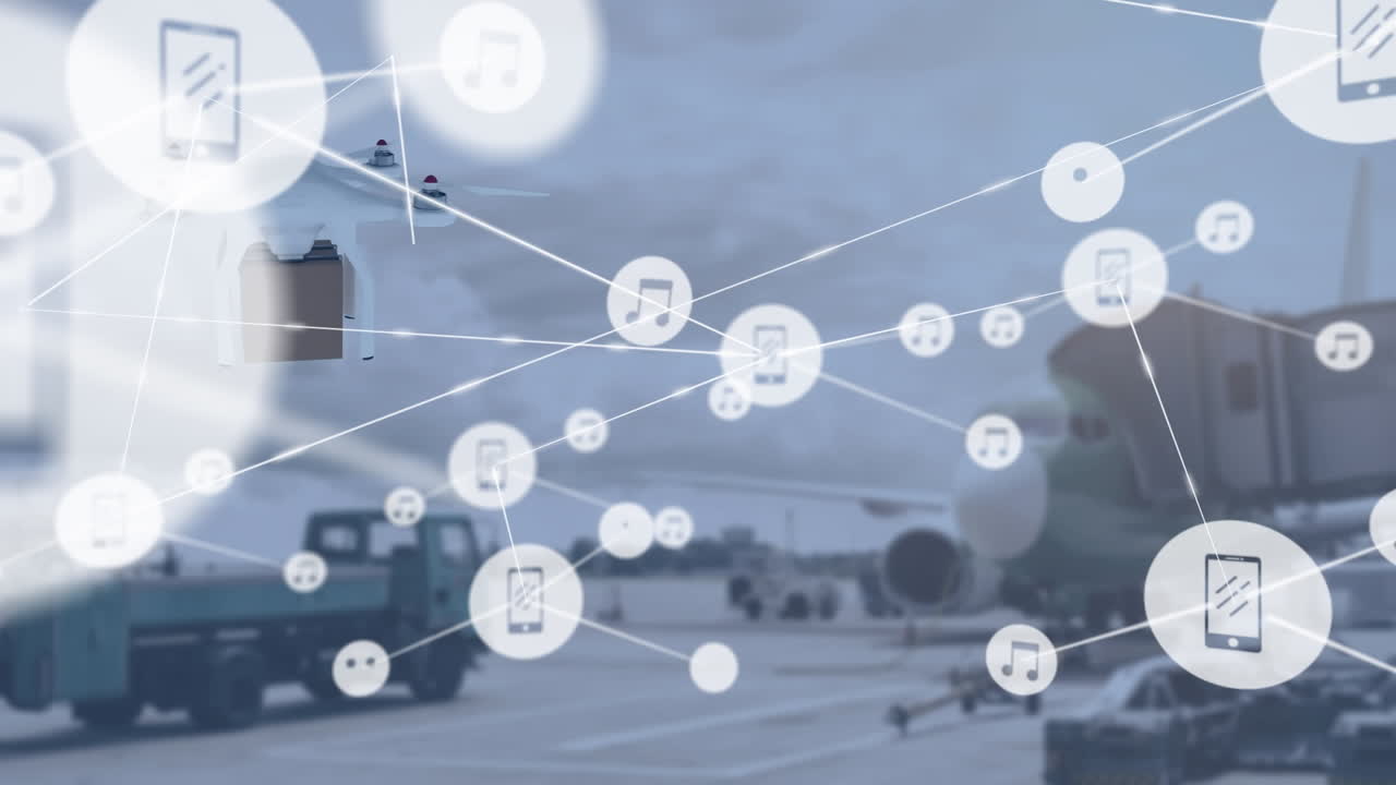 패키지를 운반하는 드론을 통해 아이콘으로 연결된 네트워크의 애니메이션