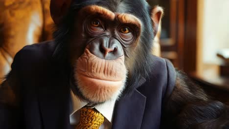 a chimpanzee in a suit sitting at a table