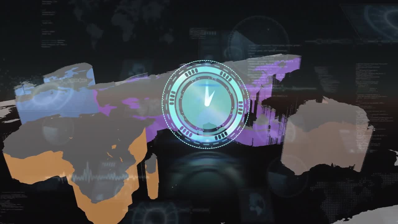 animación de reloj en movimiento sobre el procesamiento de datos y el mapa del mundo