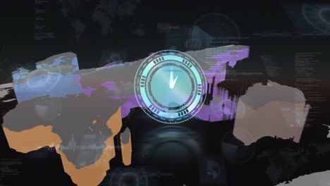 animation einer bewegten uhr über datenverarbeitung und weltkarte