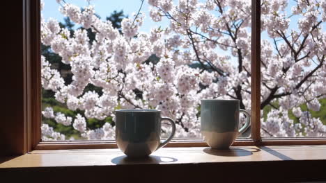 springtime coffee by the window with cherry blossoms