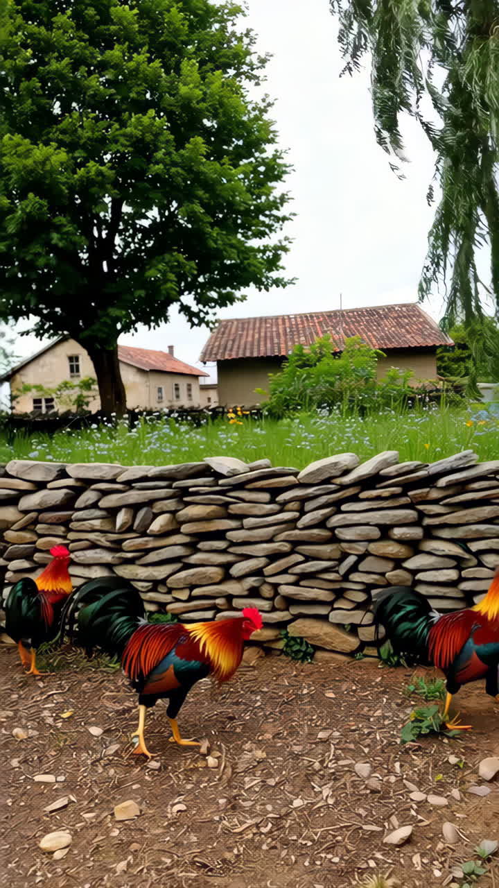 Colorful Roosters by a Stone Wall in a Rural Setting