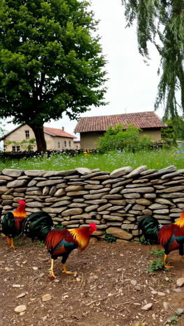 colorful roosters by a stone wall in a rural setting