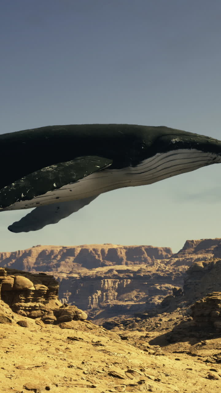 Whale gliding majestically over the grand canyon landscape during sunset