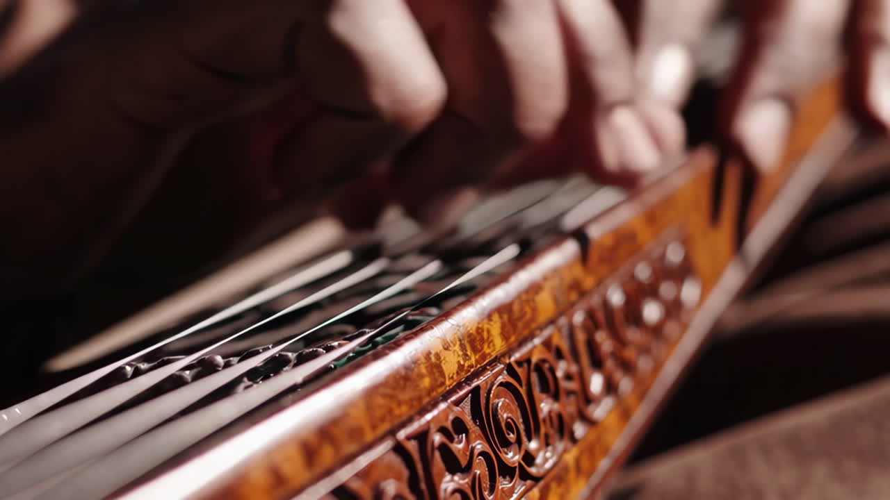Close-up of hands playing a stringed instrument