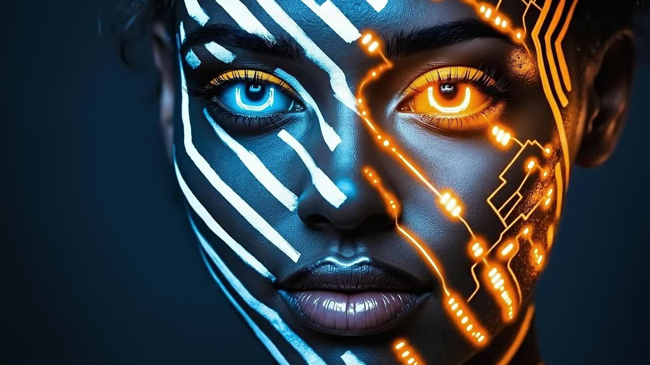 A woman with a futuristic face painted with a circuit board design