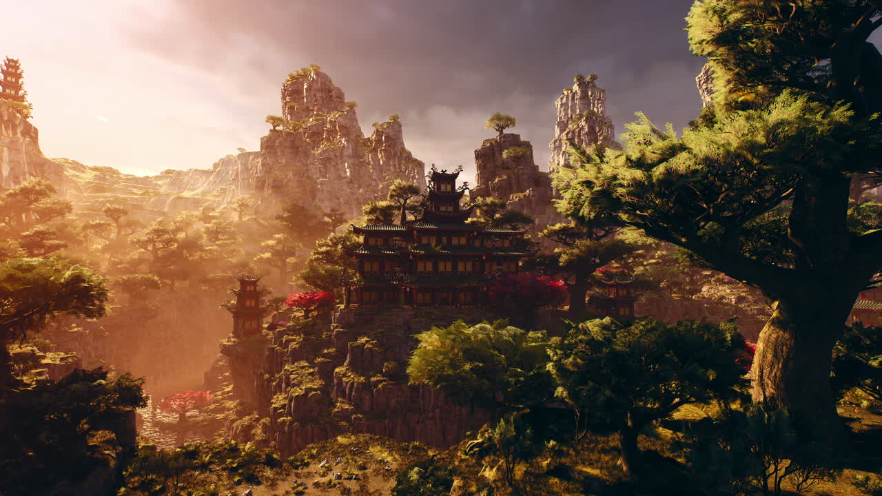 Stunning asian temple nestled in majestic mountains during golden hour
