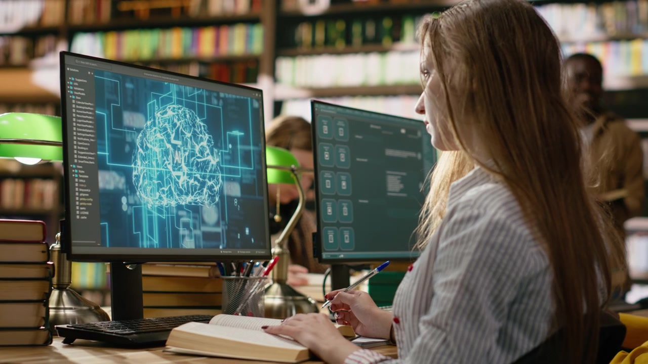 Student research AI brain visuals on desktop computer while reading books