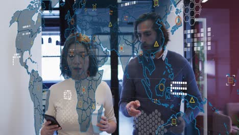animation of data processing over diverse business people talking and walking