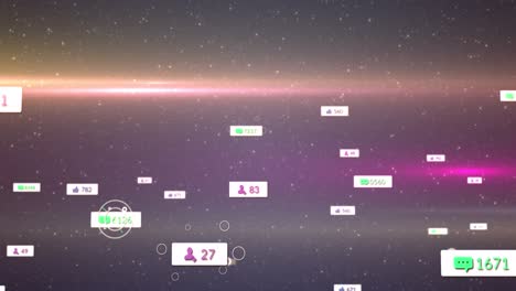 Animation-of-cursors-moving-over-social-media-icons-and-numbers-on-banners-over-stars-on-night-sky