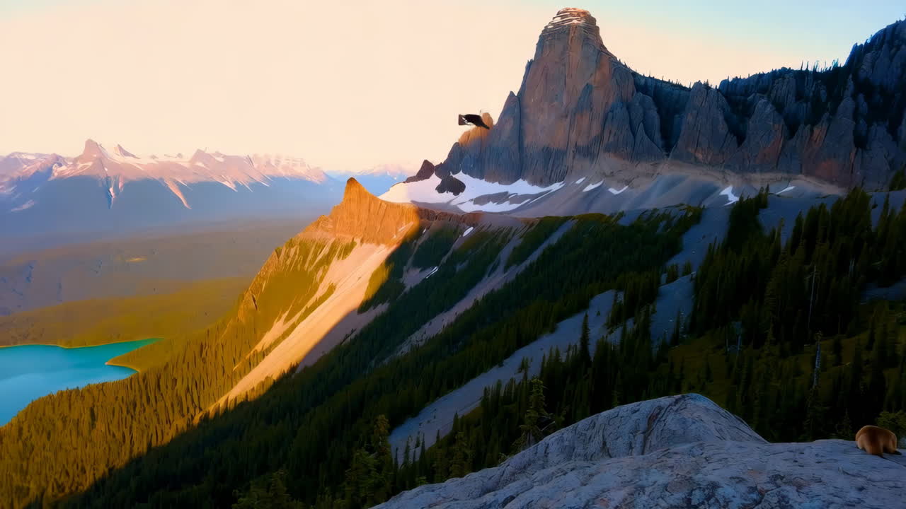 Sunrise over Rocky Mountain peaks with marmot