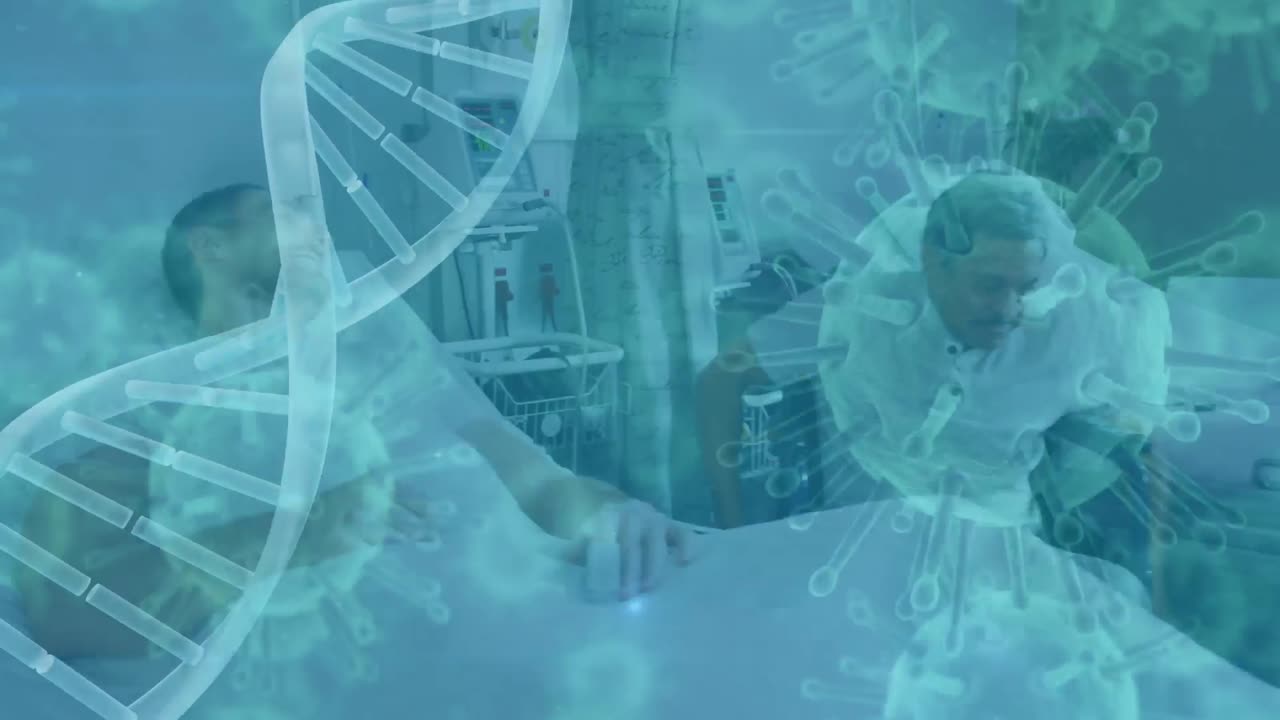 las estructuras de adn y las células de covid-19 se mueven contra el paciente en silla de ruedas.