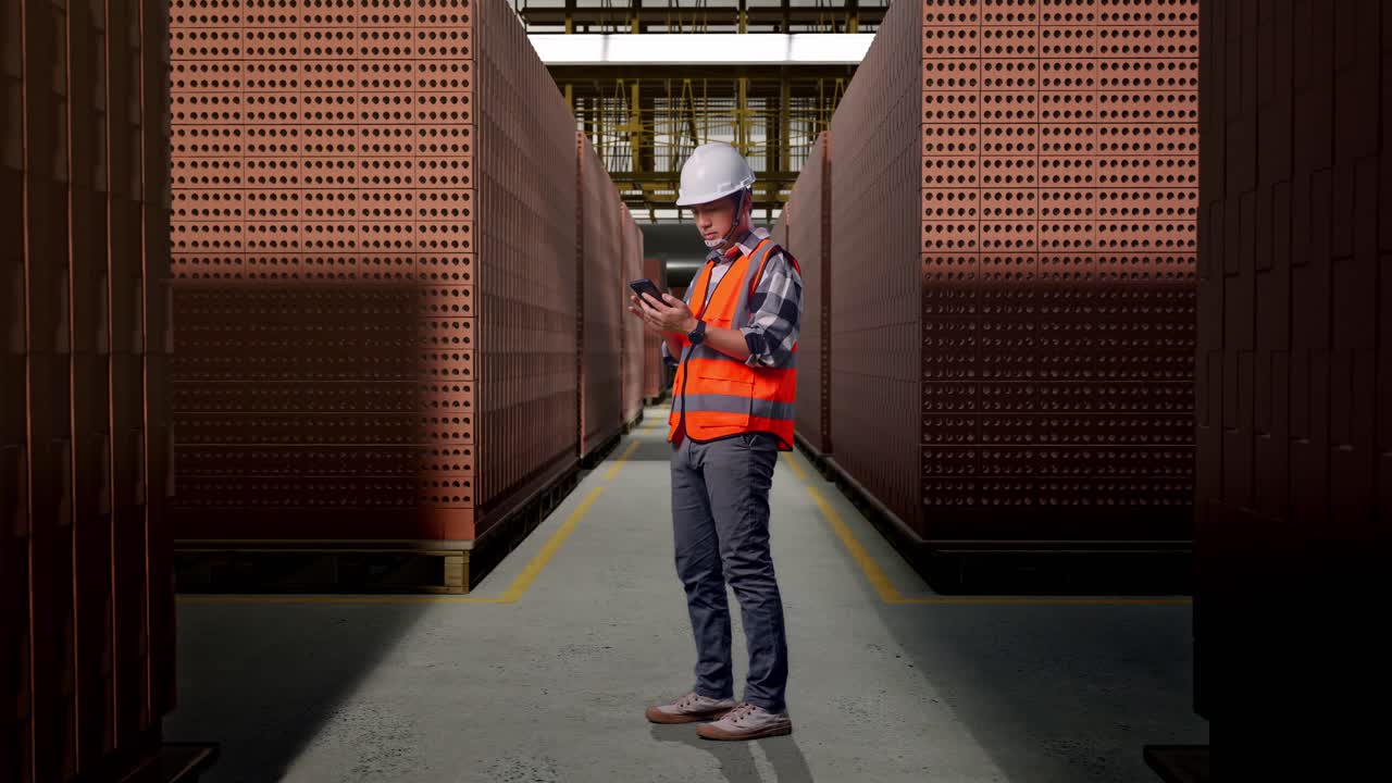 Full Body Side View Of Asian Male Engineer With Safety Helmet Using Smartphone While Standing With Red Brick Packed in Stacks Are Stored