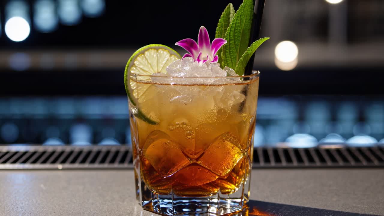 Elegant Mai Tai cocktail garnished with a lime wheel, mint sprig, orchid flower, and a black straw, sits on a bar counter with a blurred background