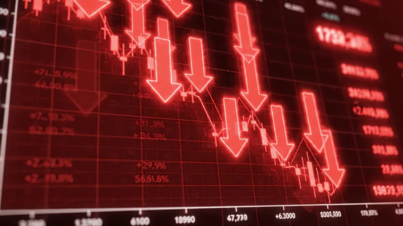 Market Decline Visualized: Comparative Analysis of Two Frames Showing Significant Downward Trends in a Financial Chart with Emphasized Red Arrows Indicating Drop
