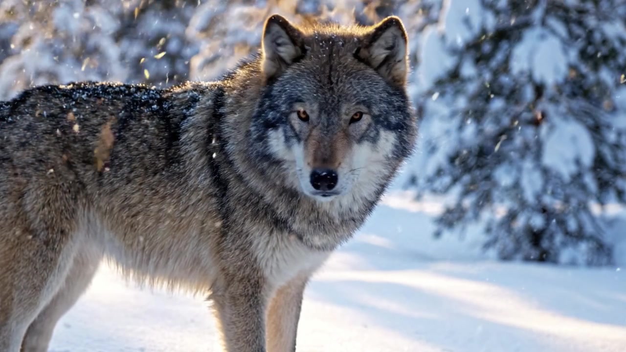 A Majestic Wolf Stands Proudly in a Snowy Forest, Surrounded by Tall Evergreen Trees as Snowflakes Fall Gently Around Its Beautiful Fur, Showcasing Nature's Serenity