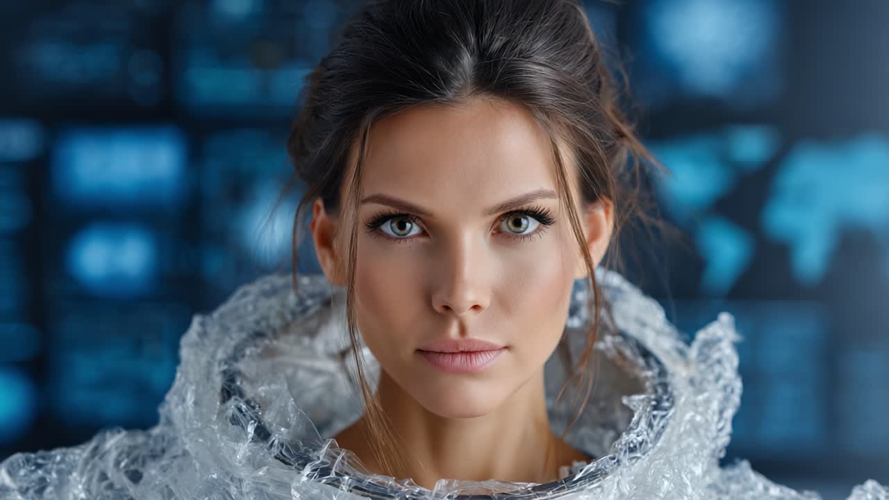 A Portrait of a Female Astronaut with Intense Gaze and Modern Space Suit, Set Against a Futuristic Digital Background, Capturing Exploration and Innovation