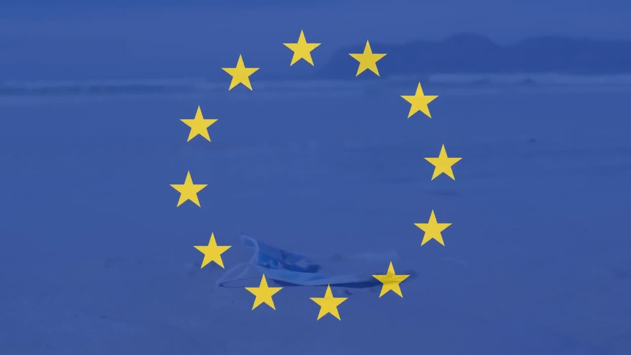 Animazione della bandiera dell'UE su rifiuti in spiaggia.