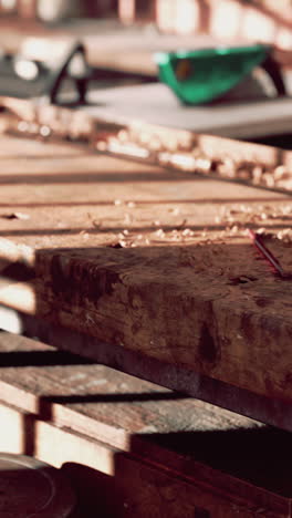 close up of a woodworking bench with wood shavings