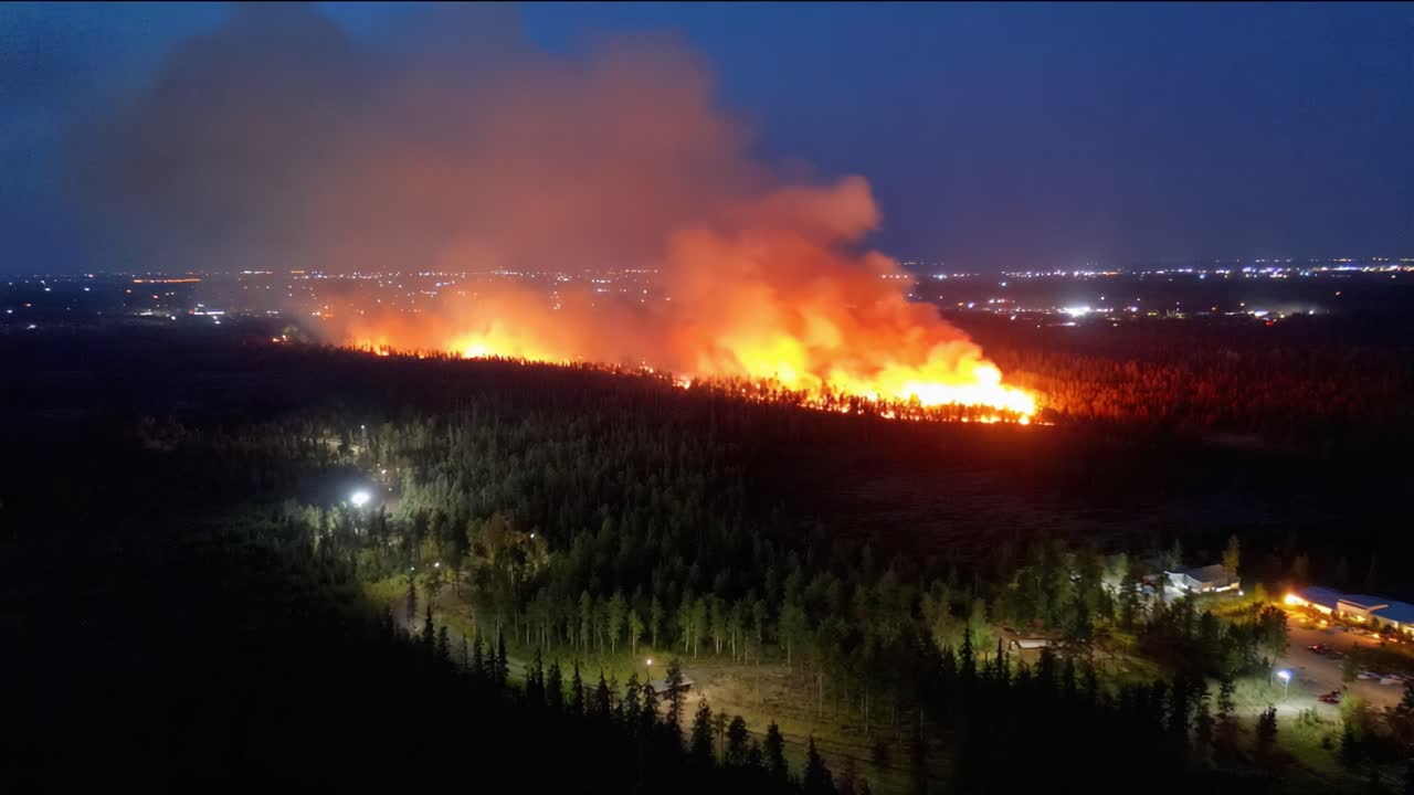 Aerial View of a Devastating Wildfire at Night Illuminating the Sky with Flames and Smoke, Threatening Nearby Forests and Homes
