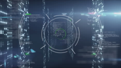 Animation of scope scanning and data processing over tech room with computer servers