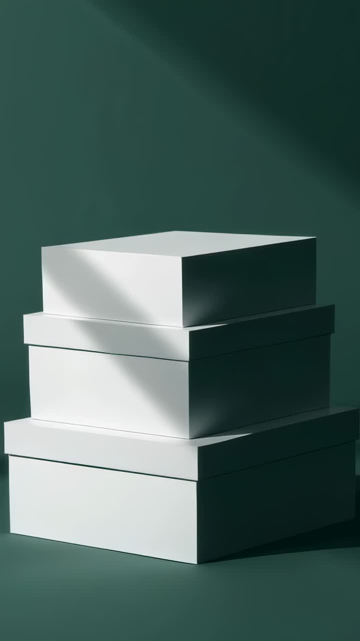 Vertical video: At start camera panning three stacked white boxes on green backdrop revealing depth