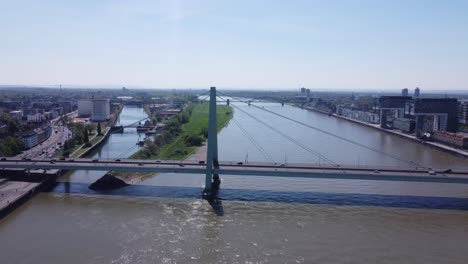 Aerial-Perspective-of-Crane-House-Buildings-with-the-Severin-Bridge-Traffic-in-the-City-in-Cologne