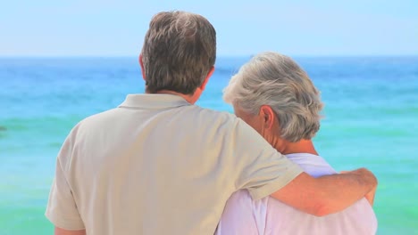 mature couple talking in front of the sea