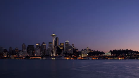 seattle skyline at dusk with space needle and waterfront