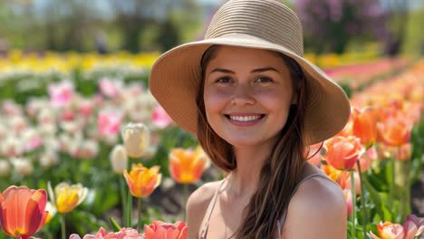 smiling woman in a vibrant tulip field