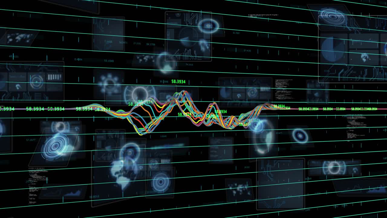 Vertical video: Reacting to data feed, central multi wave pulsing on HUD with teal grid readouts