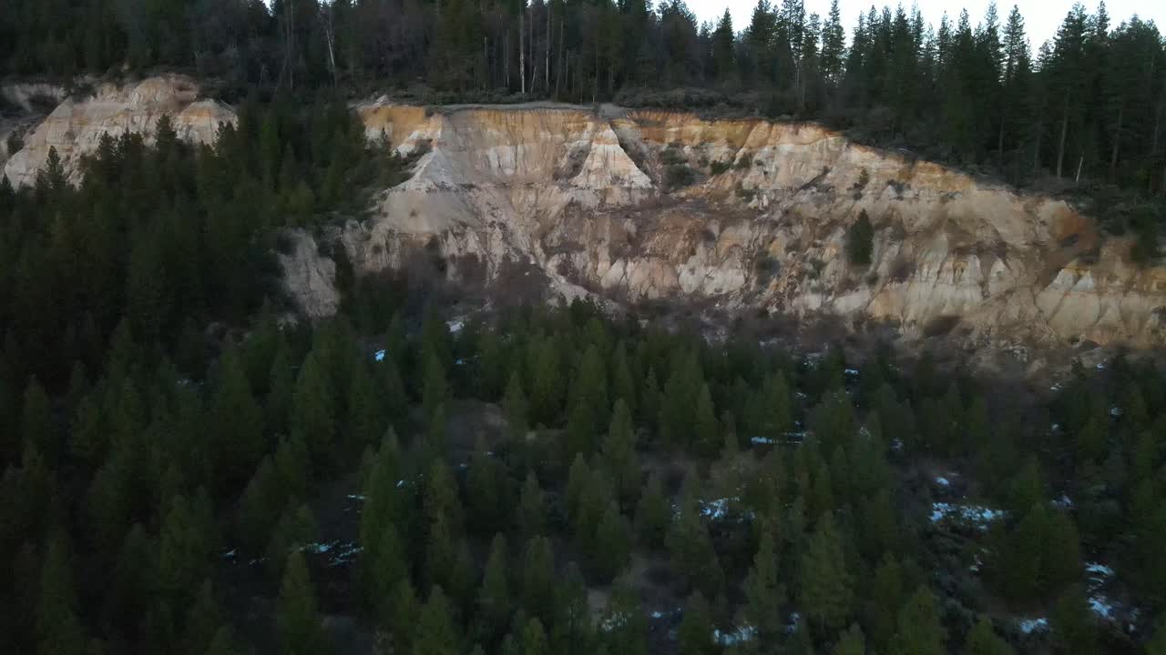 Aerial View of Eroded Cliffside in a Coniferous Forest