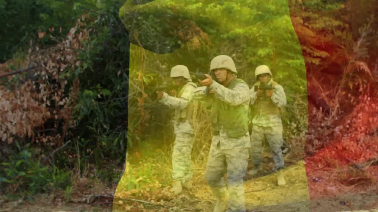 animación de la bandera de bélgica sobre soldados con armas