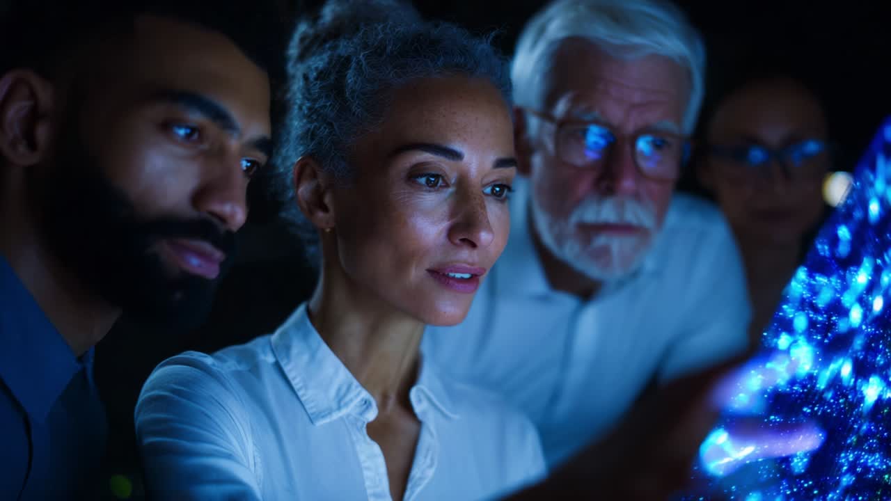 A Group of Diverse Professionals Engaging in a Collaborative Discussion Over a Futuristic Holographic Display, Exploring Innovative Ideas and Concepts in a Modern Tech Environment at Night