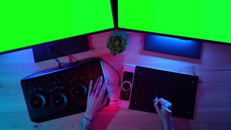 graphic designer's workstation at night