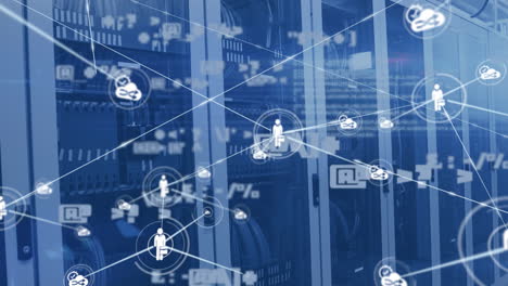 animation of network of connections with icons and data processing over server room