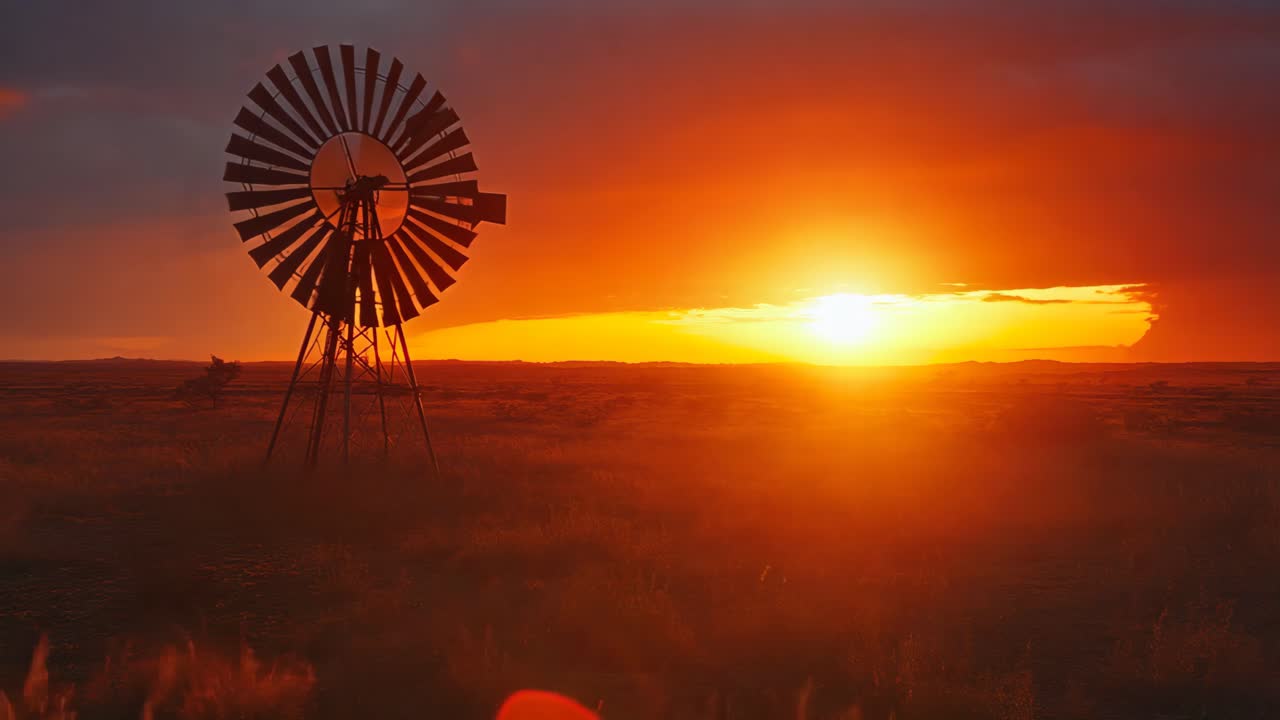 A windmill is in the middle of a field with a beautiful sunset in the background. The scene is peaceful and serene, with the windmill standing tall and proud in the midst of the vast, open landscape