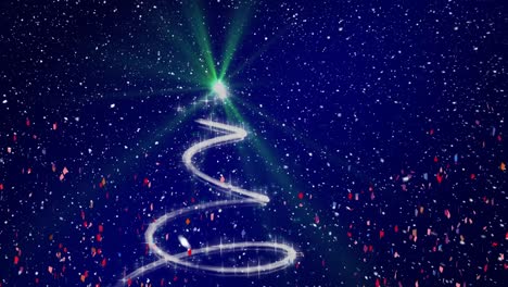 animation of snow falling over christmas tree in winter scenery