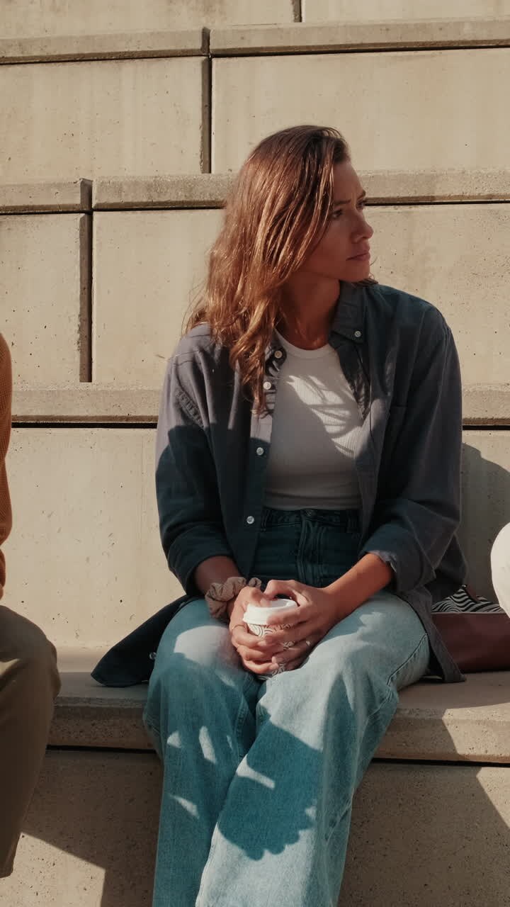 Three diverse young friends talking outdoors