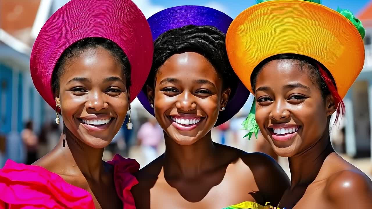Three women in colorful hats smiling at the camera