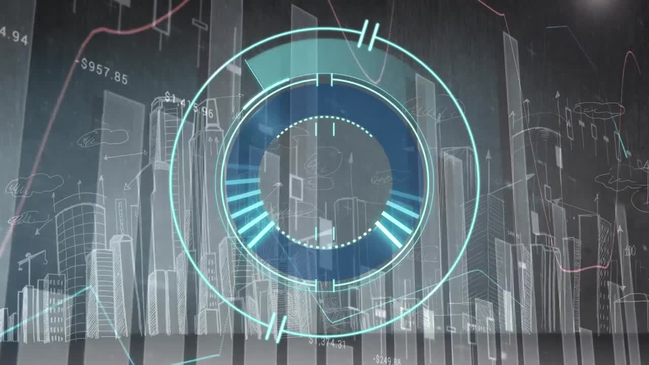 Animation of scope scanning and statistics data processing over cityscape