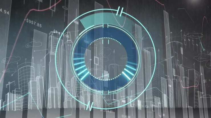Animation of scope scanning and statistics data processing over cityscape