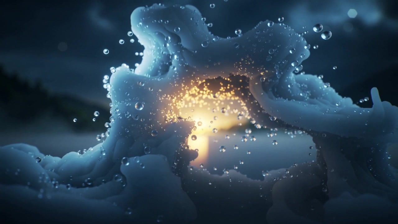 Massa di schiuma blu-grigia che si rimodella, allargando l'arco in macro, con il nucleo che si illumina causando il distacco di goccioline