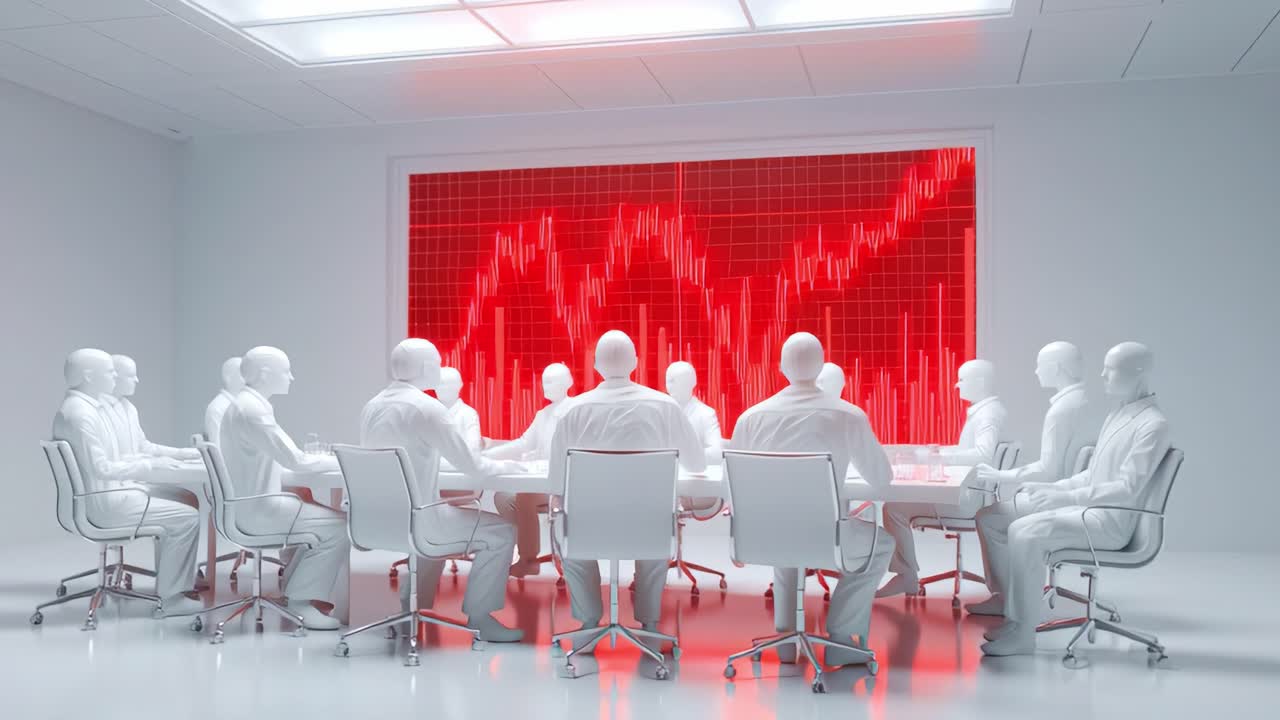 A Group of Figures in White Attire Engaged in a Meeting in a Minimalist Boardroom with a Crimson Trend Graph Displayed Prominently on the Wall, Emphasizing Data Analysis and Strategy Discussions