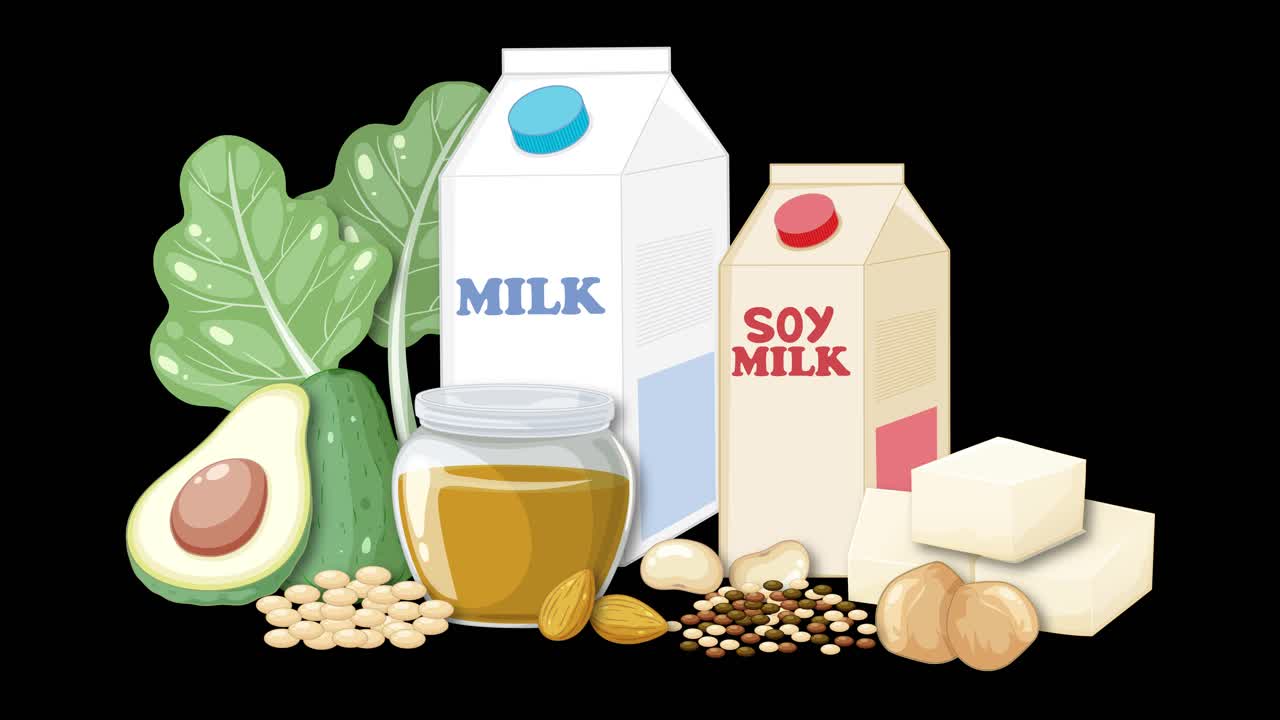 Plant-based foods and vegan milk animate in, highlighting healthy vegan diet options on black background