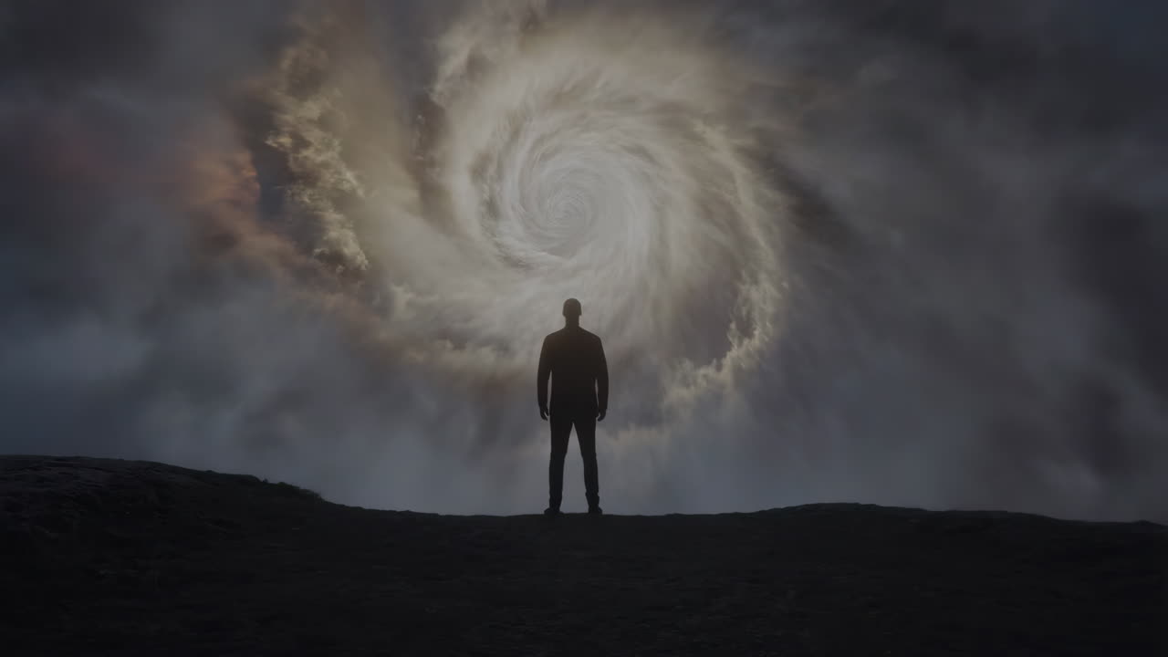 Silhouette of a Man Against a Cosmic Vortex Sky