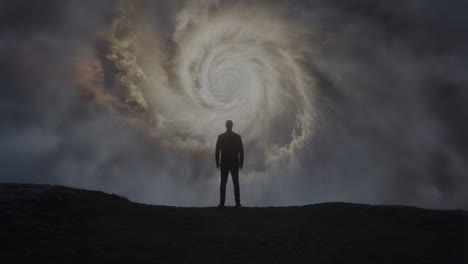 silhouette of a man against a cosmic vortex sky